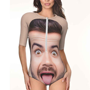 Custom Face Half Sleeve Swimsuit One Piece Swimwear Personalized Funny Women's Half Sleeve Swimsuit