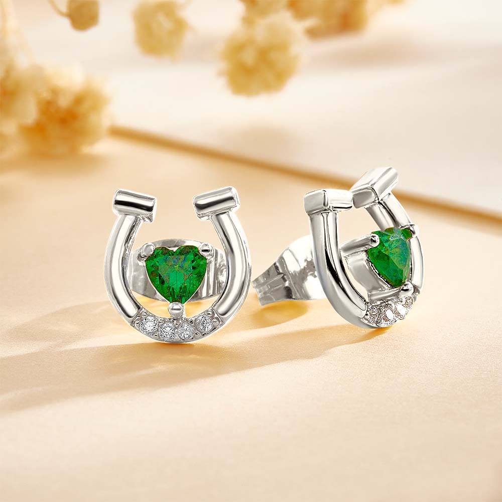 Personalised Horseshoe Stud Earrings with Heart Birthstone & Zircon | Unique Gift for Horse Lovers