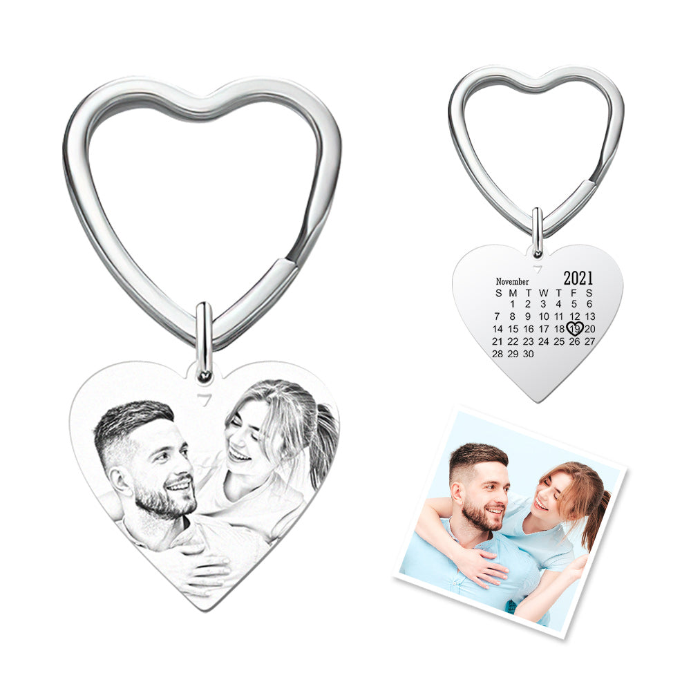 Personalised Photo Calendar Keychain - Heart Engraved Memorial Gift for Wedding & Anniversary