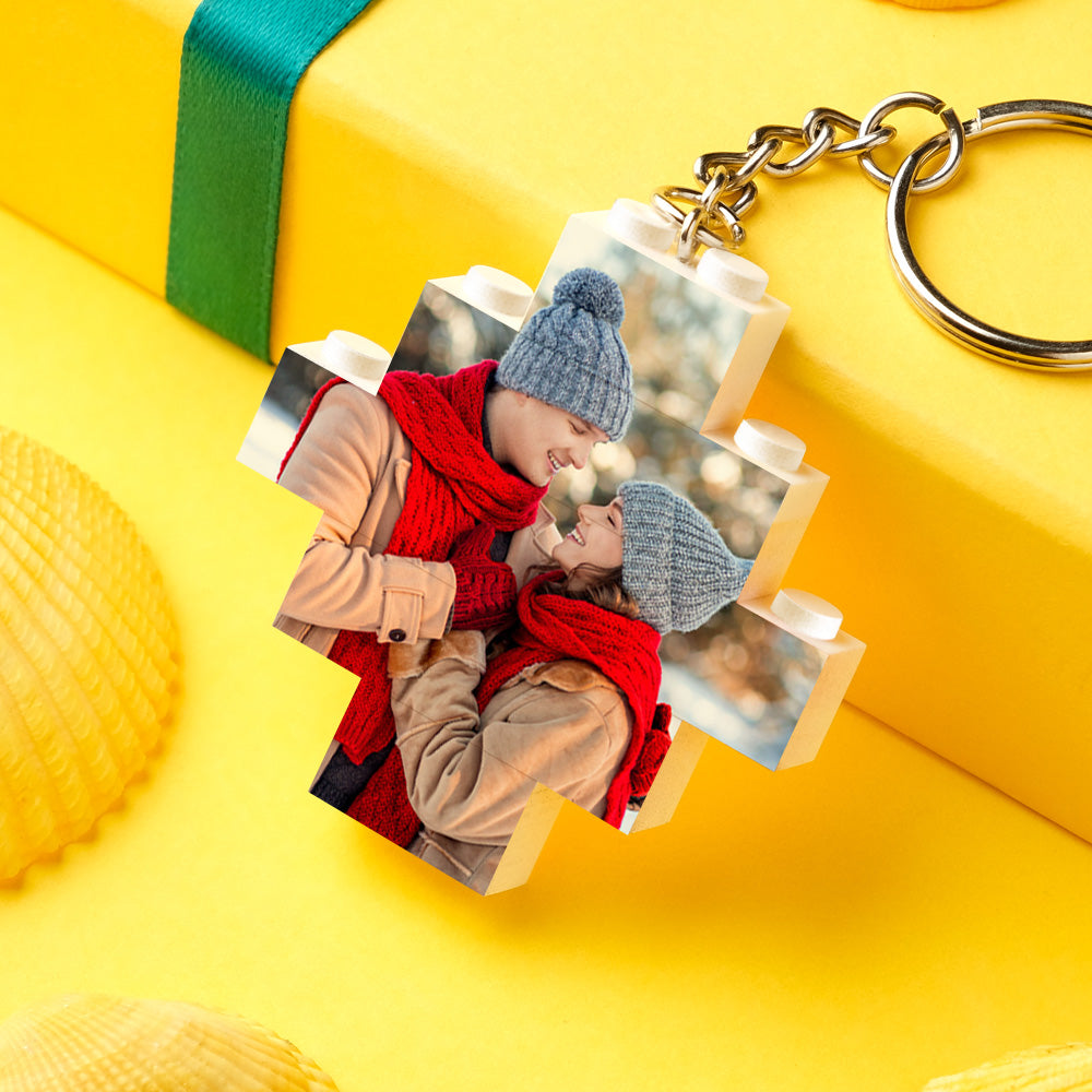 Personalised Diamond Shaped Photo Keychain with Building Brick Design - Custom UK Gift