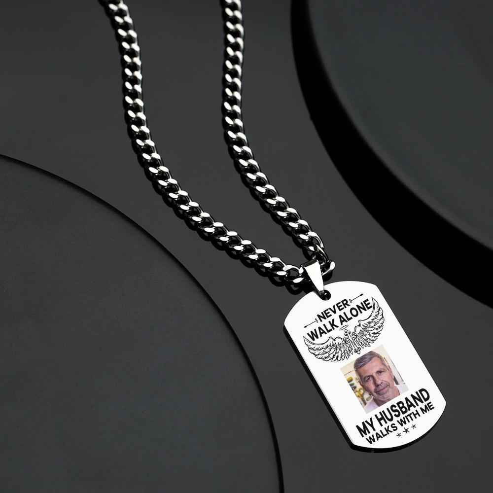 Custom Photo Necklace NEVER WALK ALONE Engrave Tag Necklace Stainless Steel Commemorative Gift