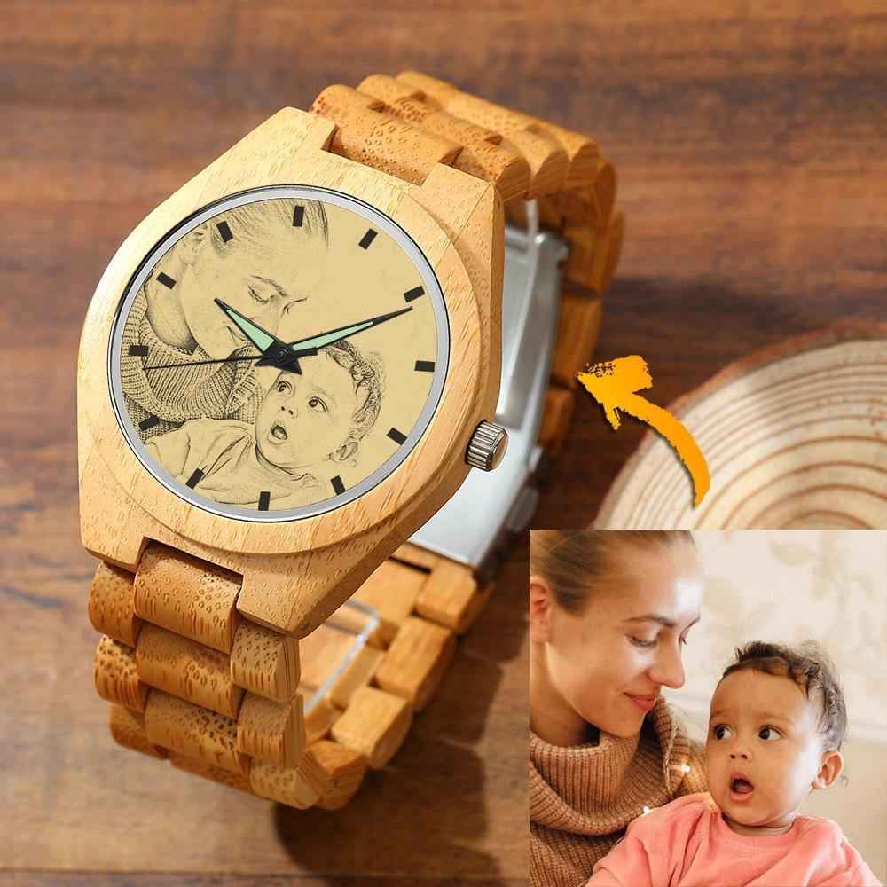Custom Photo 45mm Wooden Watch – Personalized Engraved Gift Birthday Gift Anniversary Gift