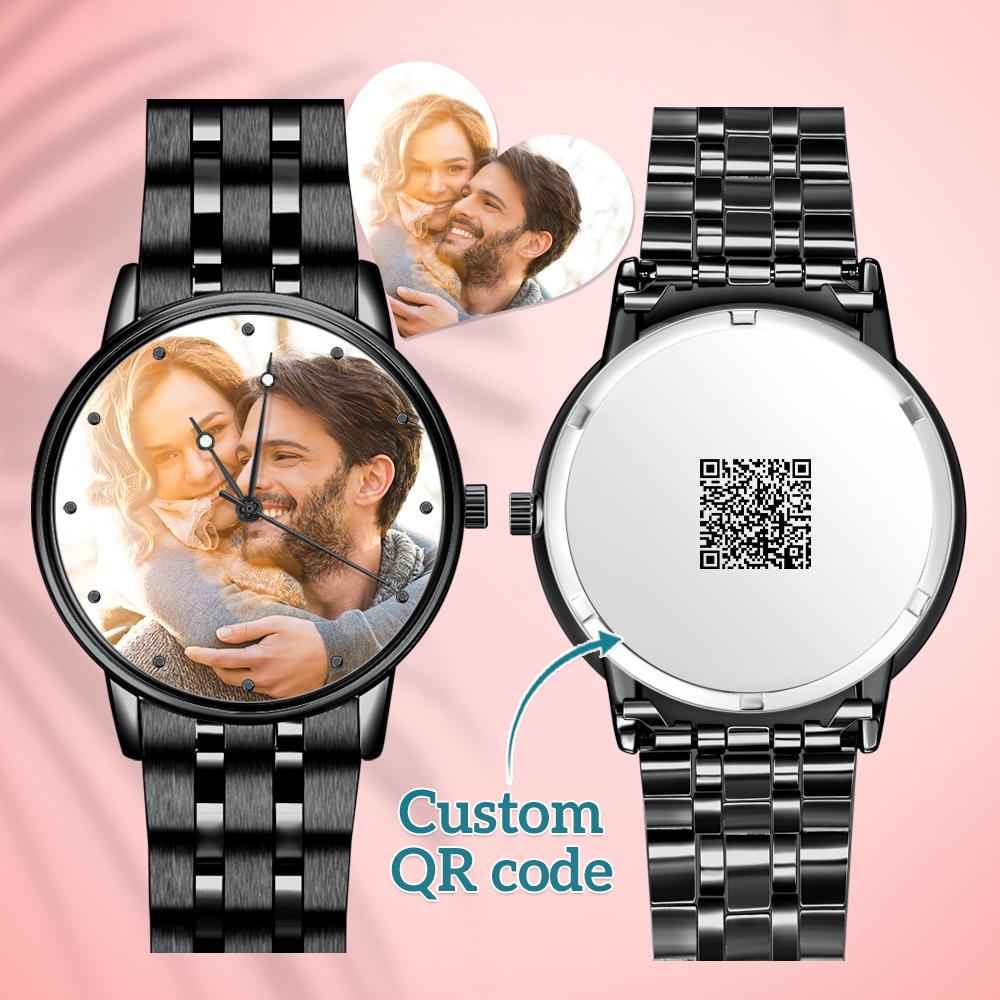 Engraved Men's Black Alloy Bracelet Photo Watch QR Code Watch 38mm Men's Gifts