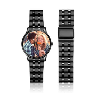 Men's Engraved Photo Watch Calendar Black Alloy Bracelet