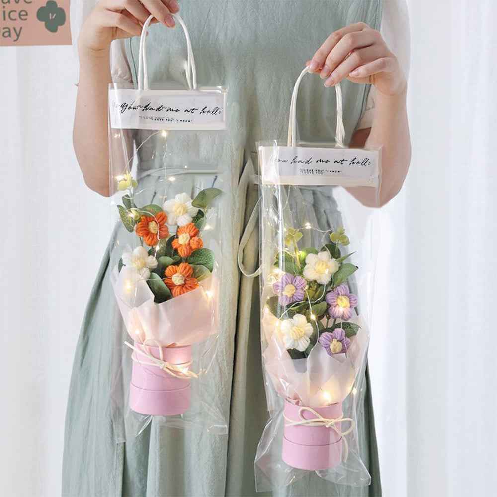 Crochet Flowers Bouquet Handmade Knitted Bouquet with Light Strip Birthday Gift for Lovers Wedding Gift