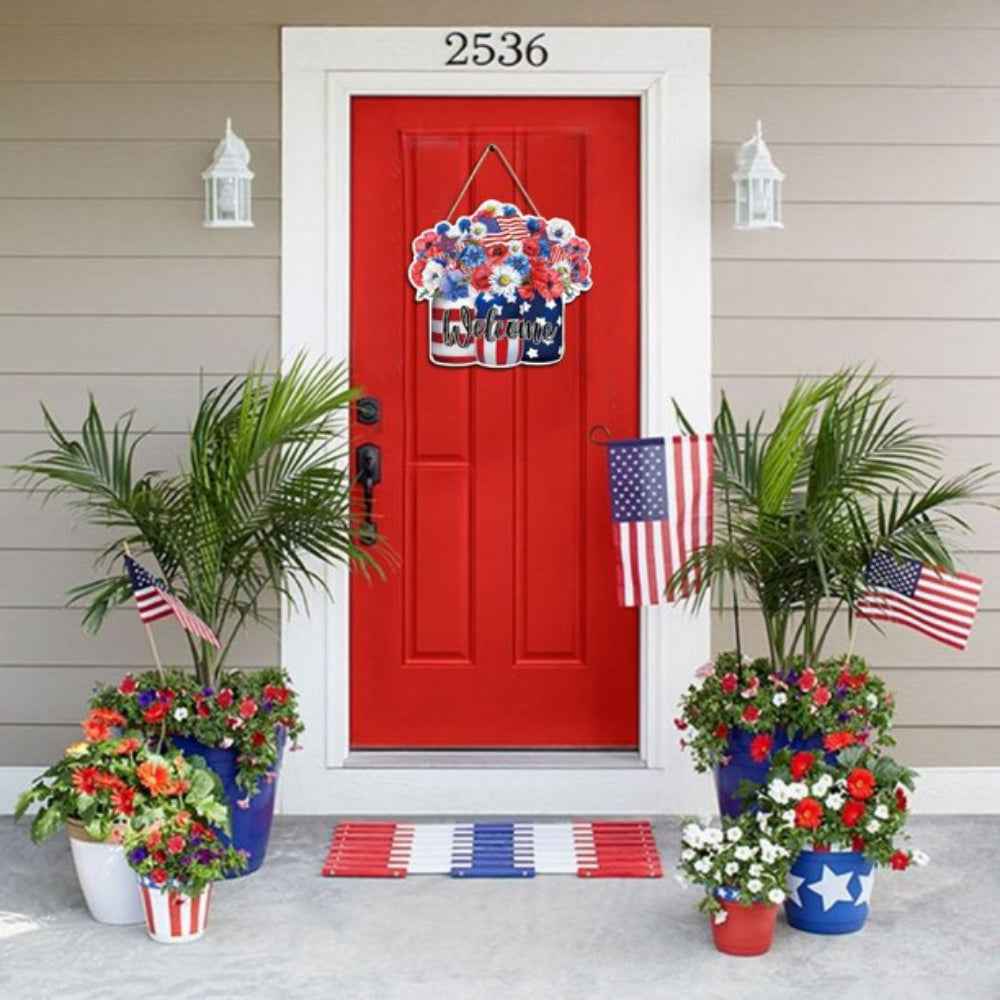 4th of July Flowers Welcome Door Sign Independence Day Decorations Front Door Hanger