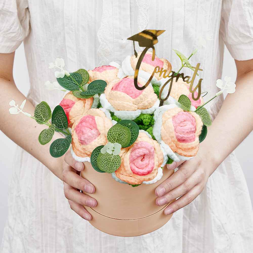 Crochet Flowers Bouquet Handmade Knitted Roses Hug Bucket Birthday Graduation Gift Box