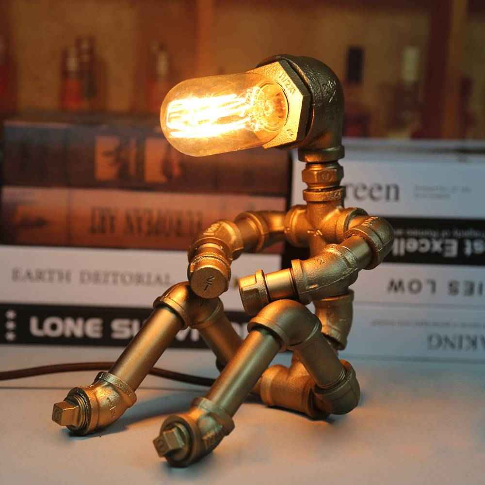 Creative Iron Tube Robot Table Lamp Water Pipe Light Retro Table Lamp for Bedroom