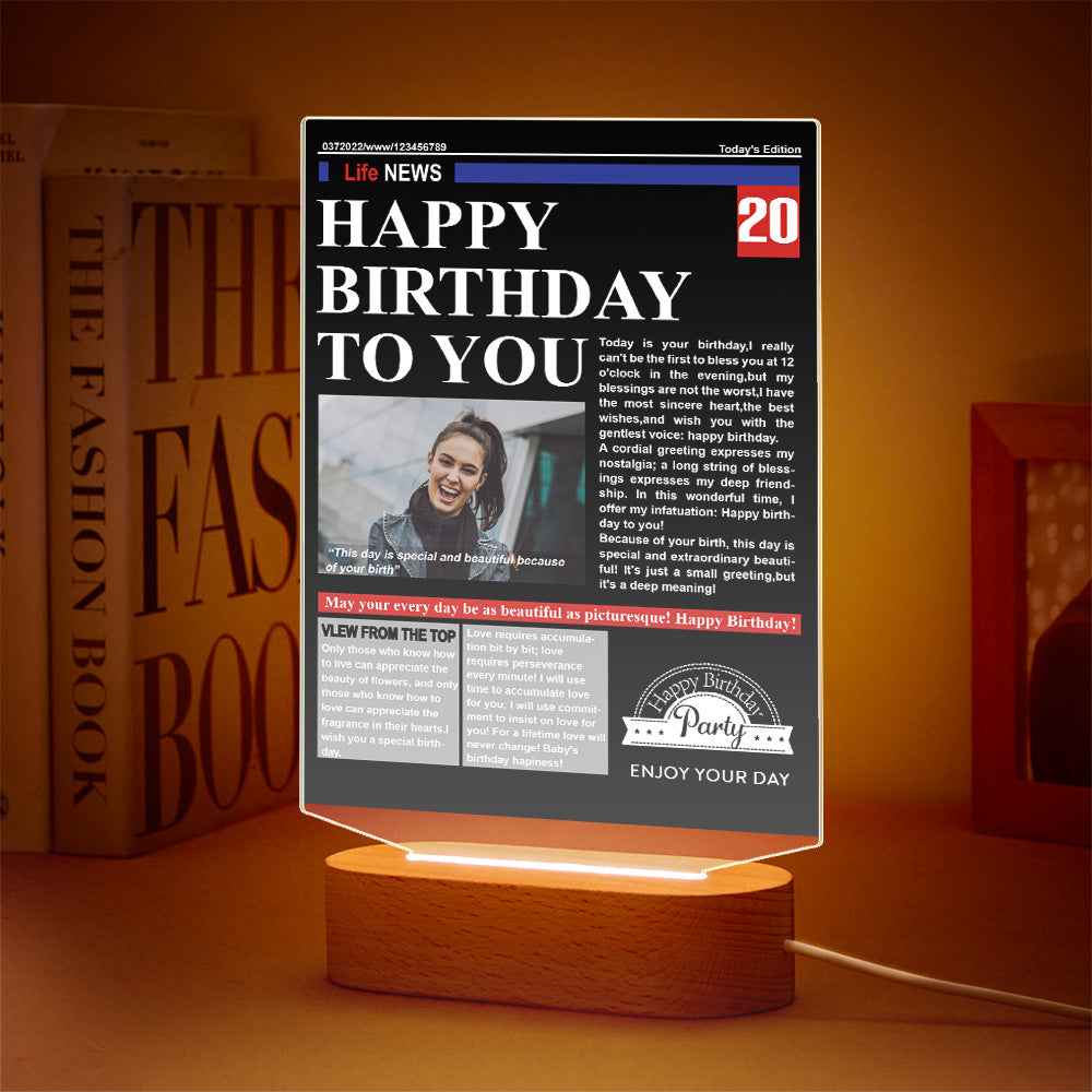 Custom Photo News On Acrylic Board Colorful Lamp Personalized Night Light Birthday Gifts