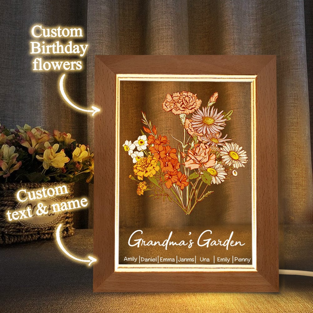 Personalised Birth Flower Bouquet LED Light with Names - Custom Gift for Mum