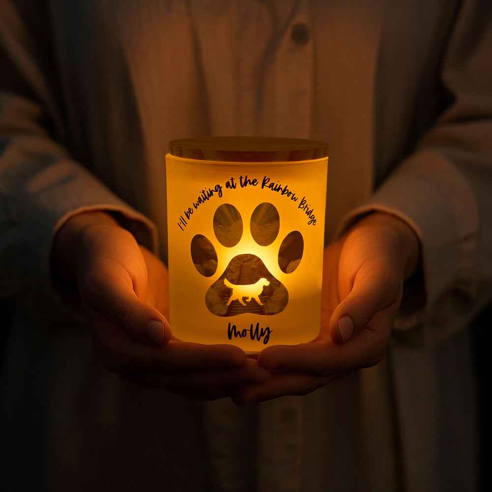 Personalized Dog Silhouette Rainbow Bridge Paw Candle Jar with LED Candle Memorial Gift for Pet Lover