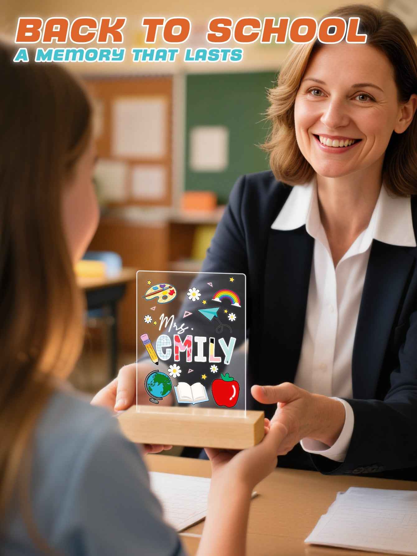 Custom Engraved Back to School Transparent Night Light with Stationery Design White Light Teacher's Day Gift