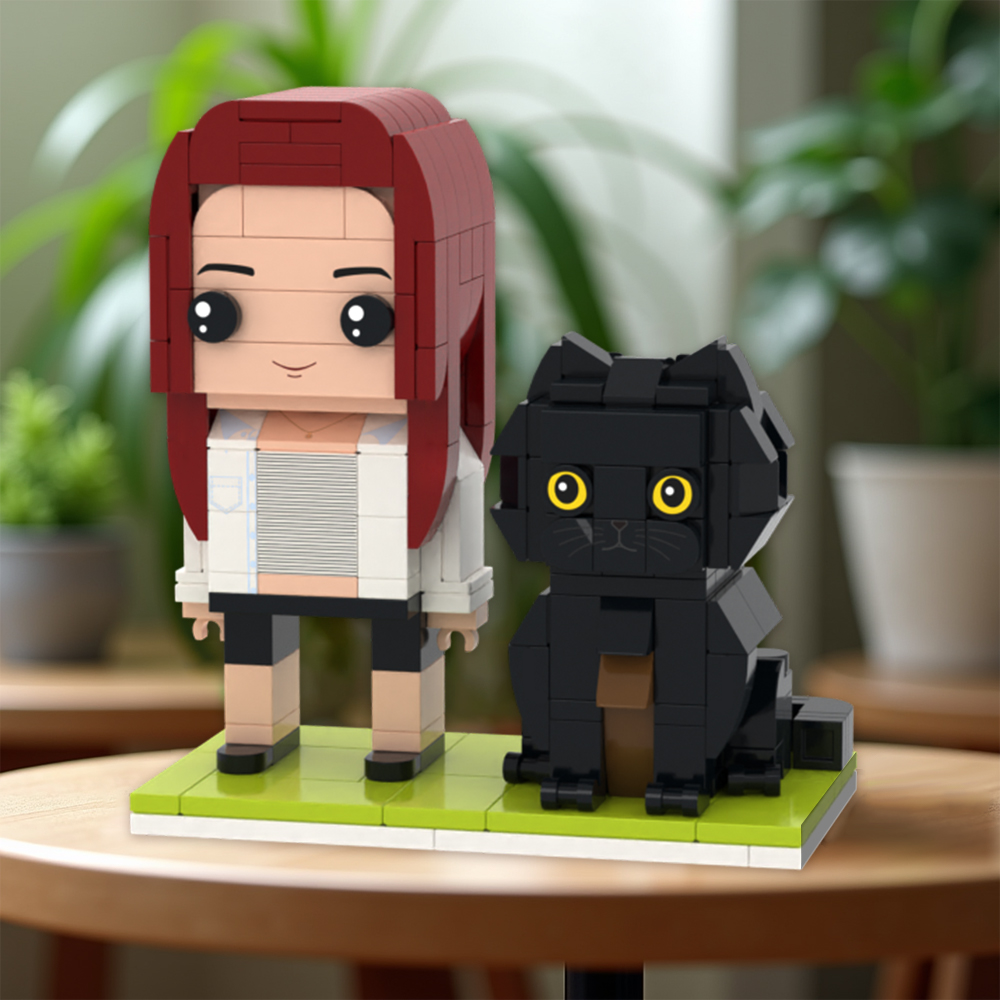 Personalised Full Body Brick Figure with Cat | Custom LEGO-Style Toy