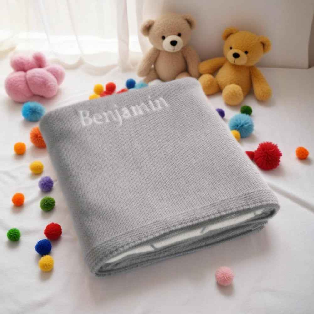 Personalized Baby Blanket Knitting Blanket Grey Elephant with Name Gift for Baby