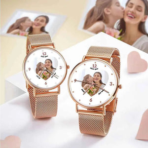 Engraved Rose Gold Alloy Bracelet Photo Watch 36mm Gifts for Mom