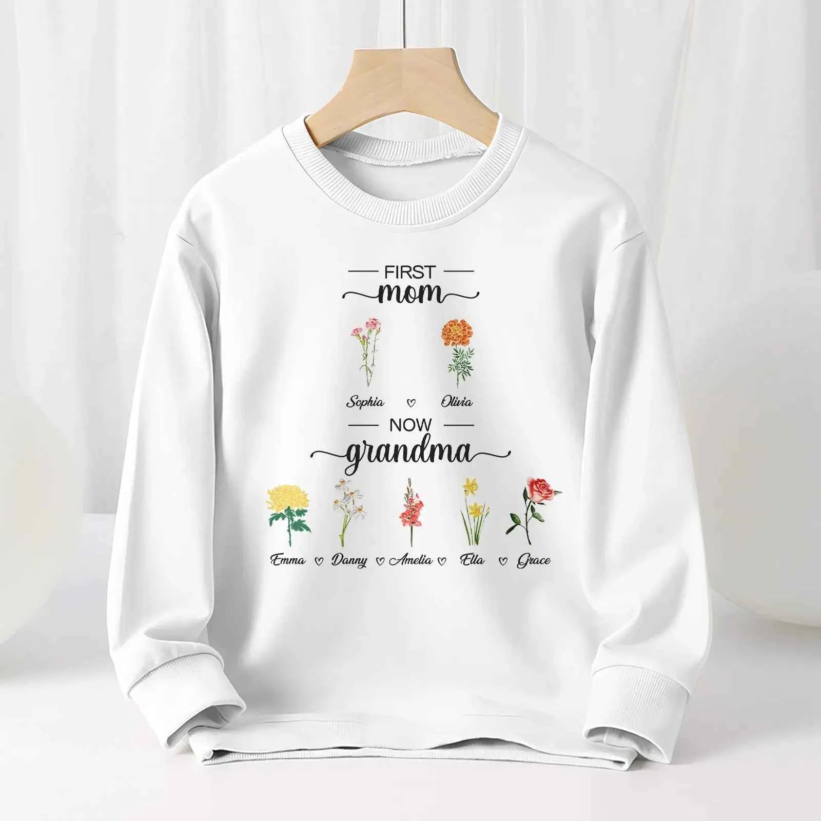 Personalized First Mom Now Grandma Sweatshirt Custom Birth Flowers Sweatshirts for Mother's Day Gift