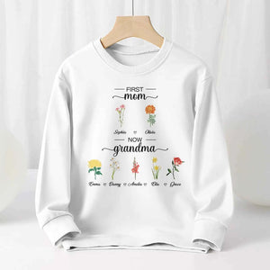 Personalized First Mom Now Grandma Sweatshirt Custom Birth Flowers Sweatshirts for Mother's Day Gift