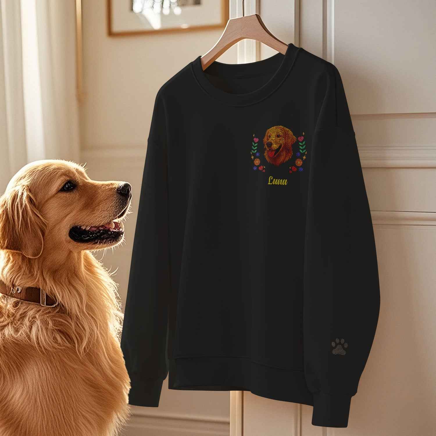 Custom Embroidered-Style Pet Sweatshirt – Personalized Pullover with Pet Name & Wreath
